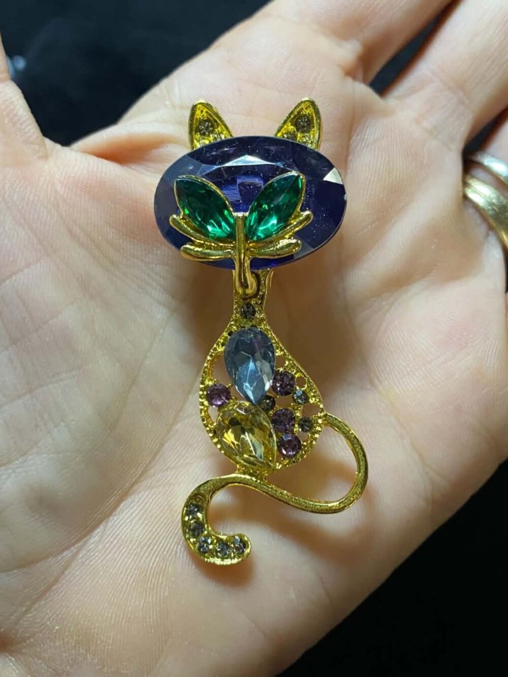 Multi Gemstone Rainbow Blue Green Yellow Encrusted Beautiful Cat Brooch